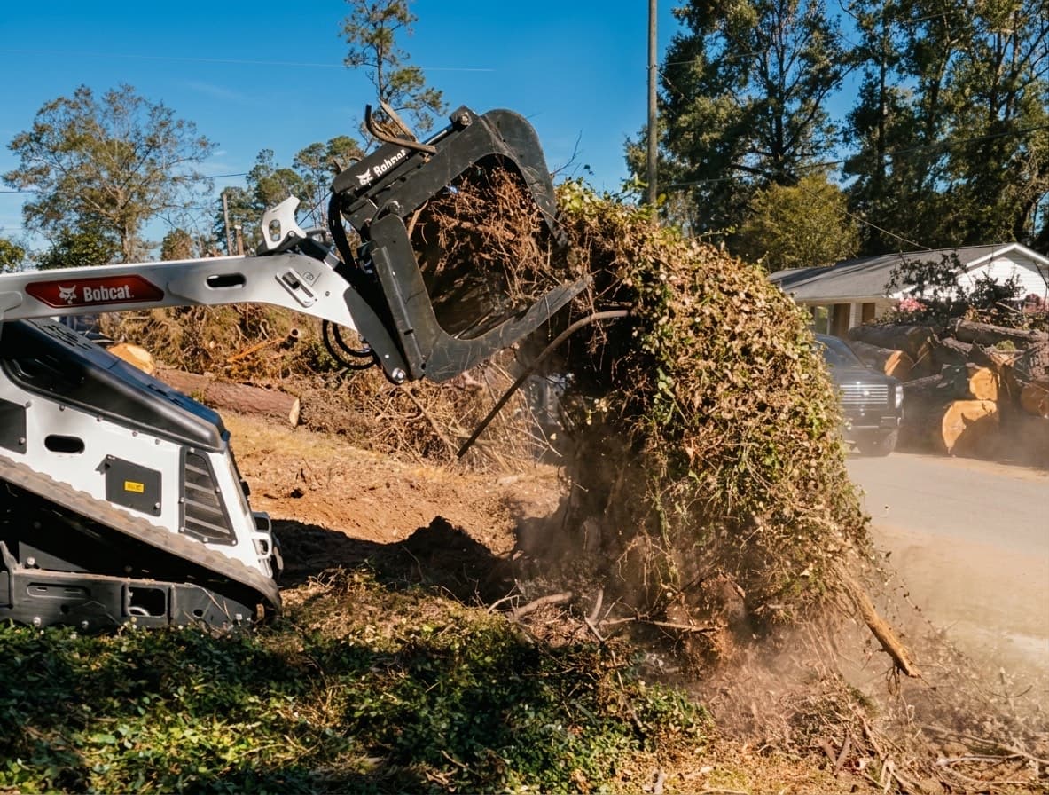 Skid-steer loader clearing brush and storm debris on a north Atlanta property