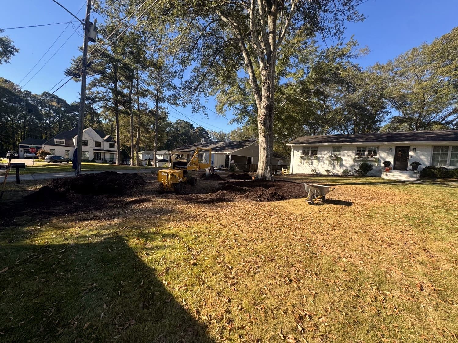 Stump grinder working a small-to-medium front-yard stump at a brick ranch home in north Atlanta